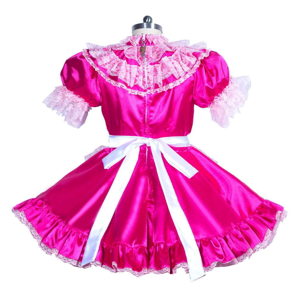 Pink sissy maid dress with lace trim and white bow, displayed on mannequin