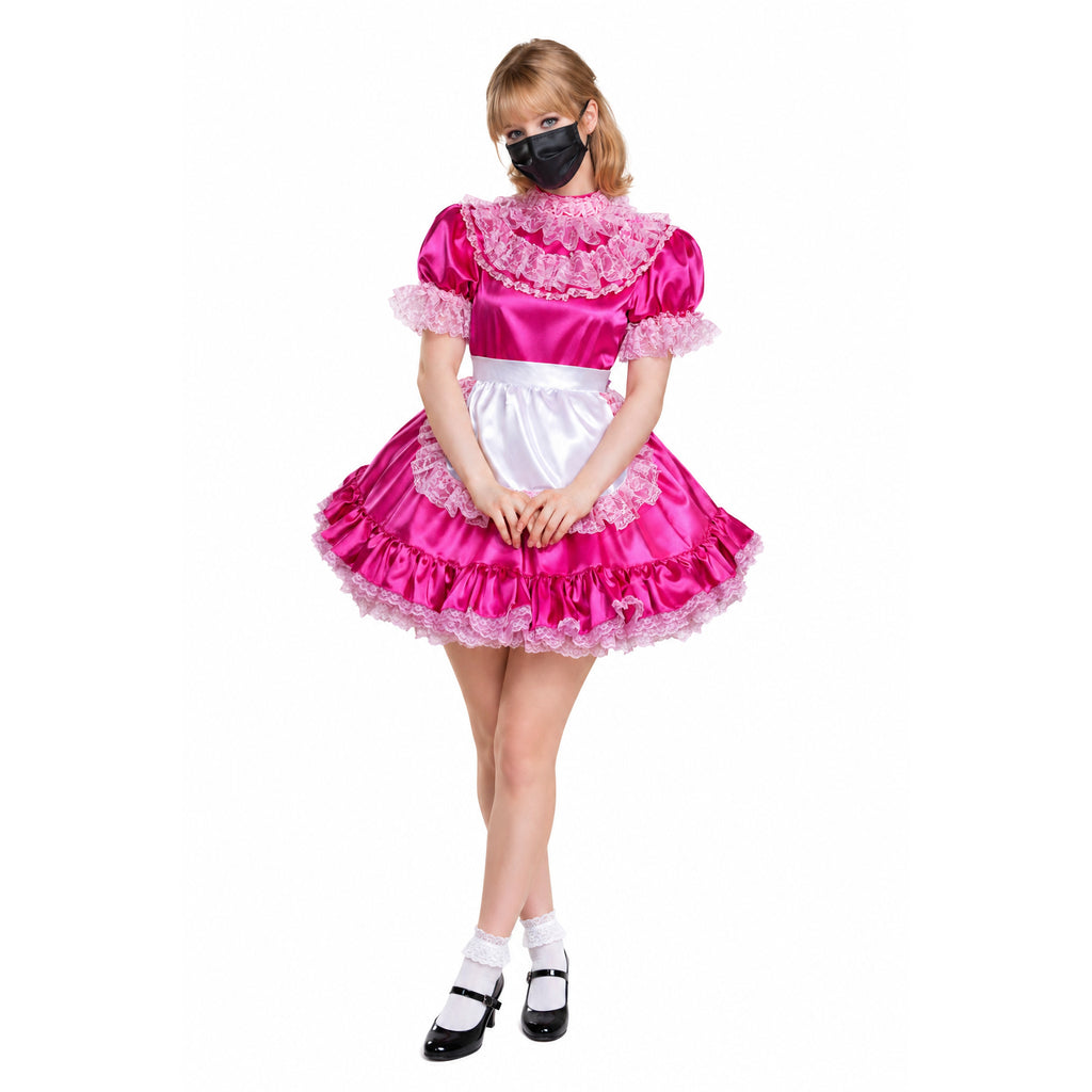 Pink sissy maid dress with ruffles, white apron, and black mask for costume fashion
