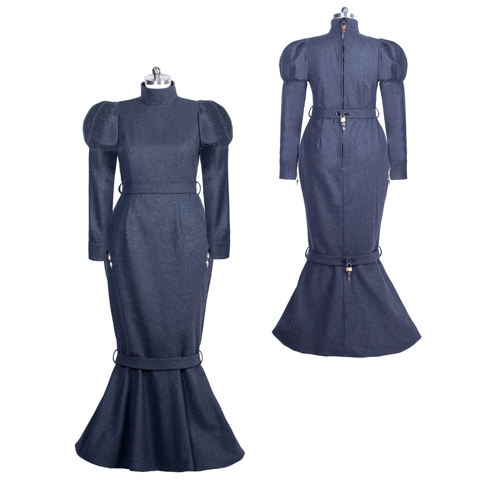 Dark blue sissy maid dress with puff sleeves, high neck, and lockable waist belts, shown front and back