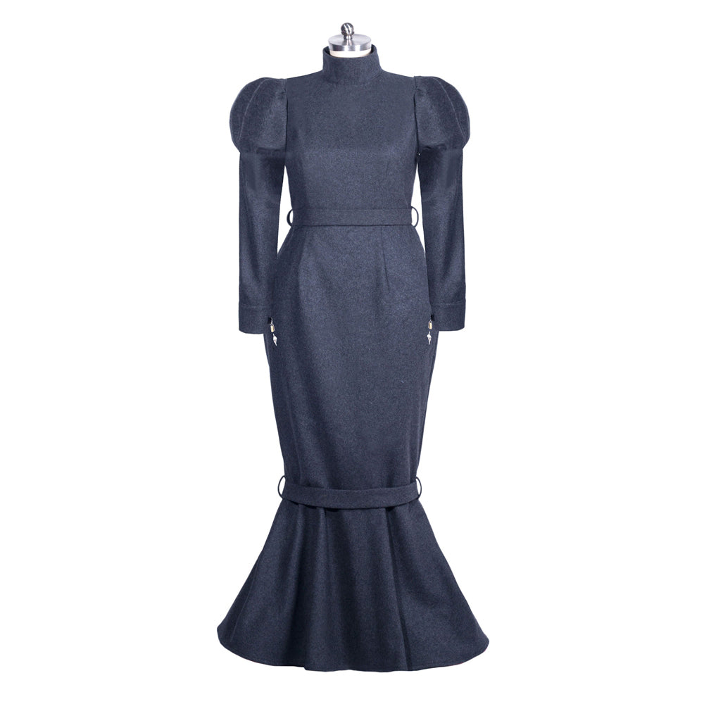 Dark gray sissy maid dress with puff sleeves, high neck, and flared hem on mannequin