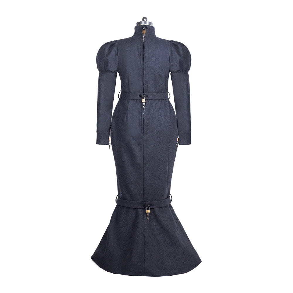 Dark gray sissy maid dress with puff sleeves, back zipper, and lockable waist and hem details