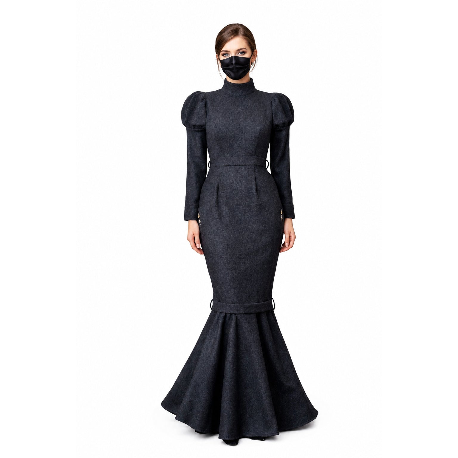 Elegant sissy maid dress with puff sleeves, high neck, and mermaid skirt in dark textured fabric