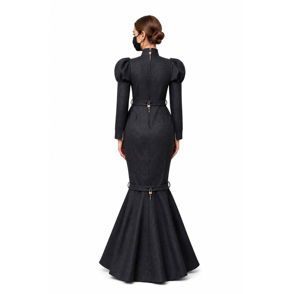 Black sissy maid dress with puff sleeves, lockable waist and hem, elegant mermaid silhouette