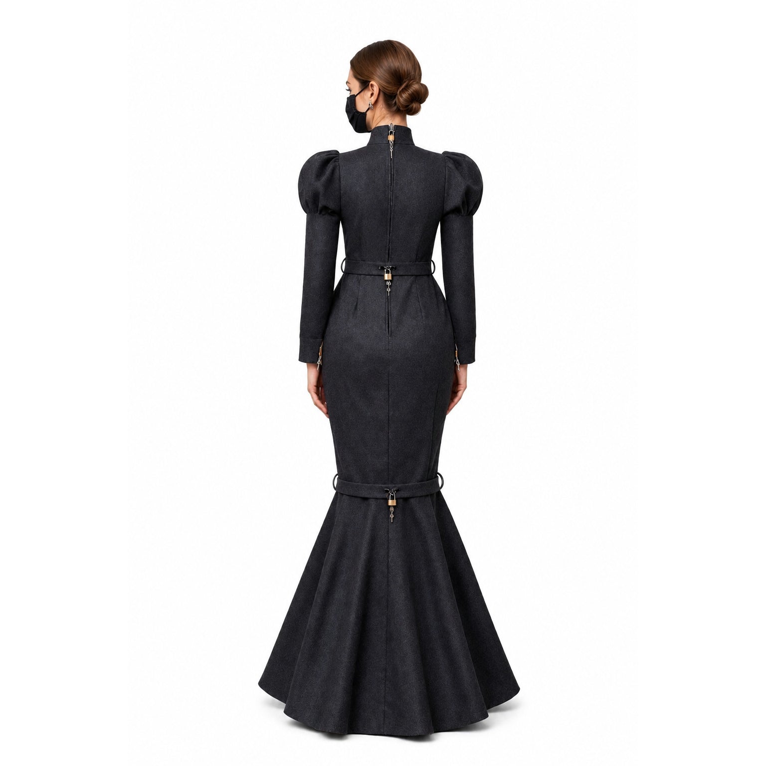 Black sissy maid dress with puff sleeves, lockable waist and hem, elegant mermaid silhouette