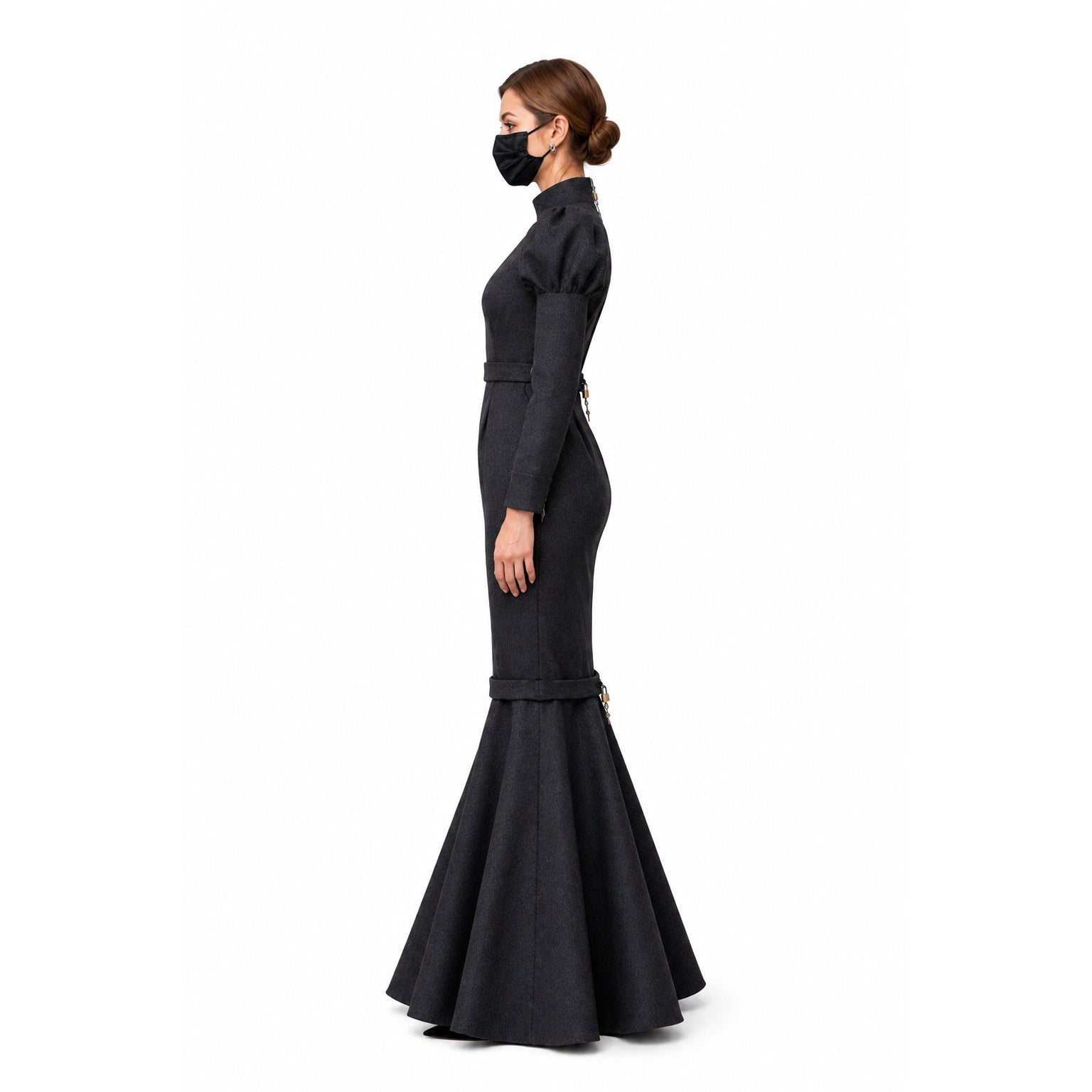 Elegant black sissy maid dress with fitted bodice, flared skirt, and lockable details, showcasing refined silhouette.