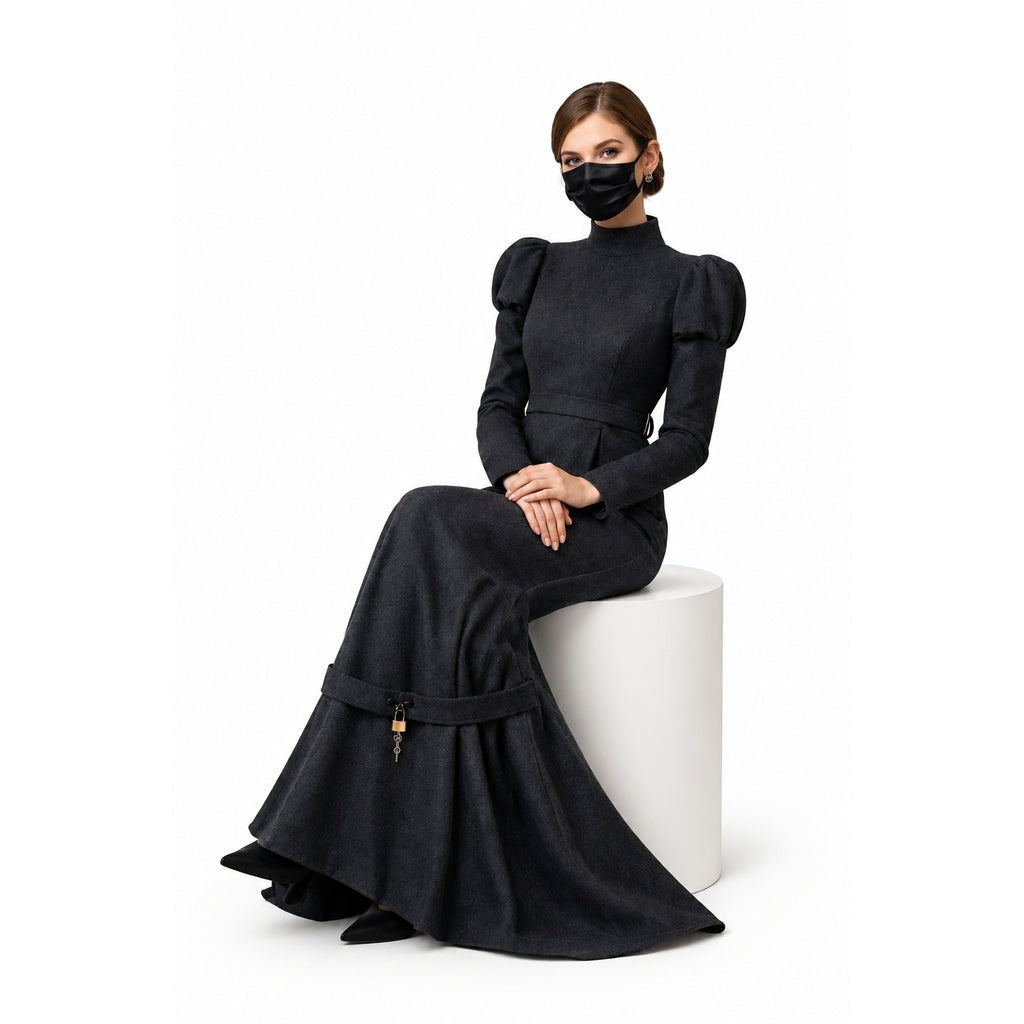 Elegant black sissy maid dress with puff sleeves, high neck, and lockable waist detail, worn by seated model.