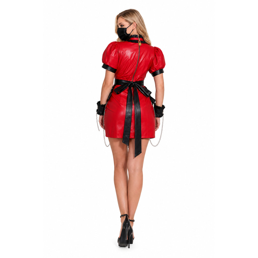 Red sissy maid dress with black trim, bow, and chain accents, back view