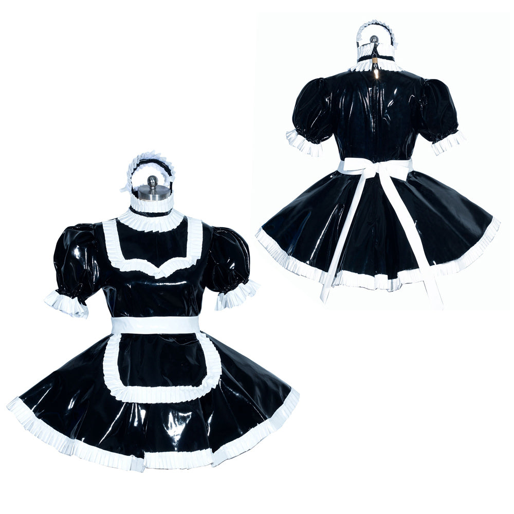 Black PVC sissy maid dress with white ruffles and apron, front and back view