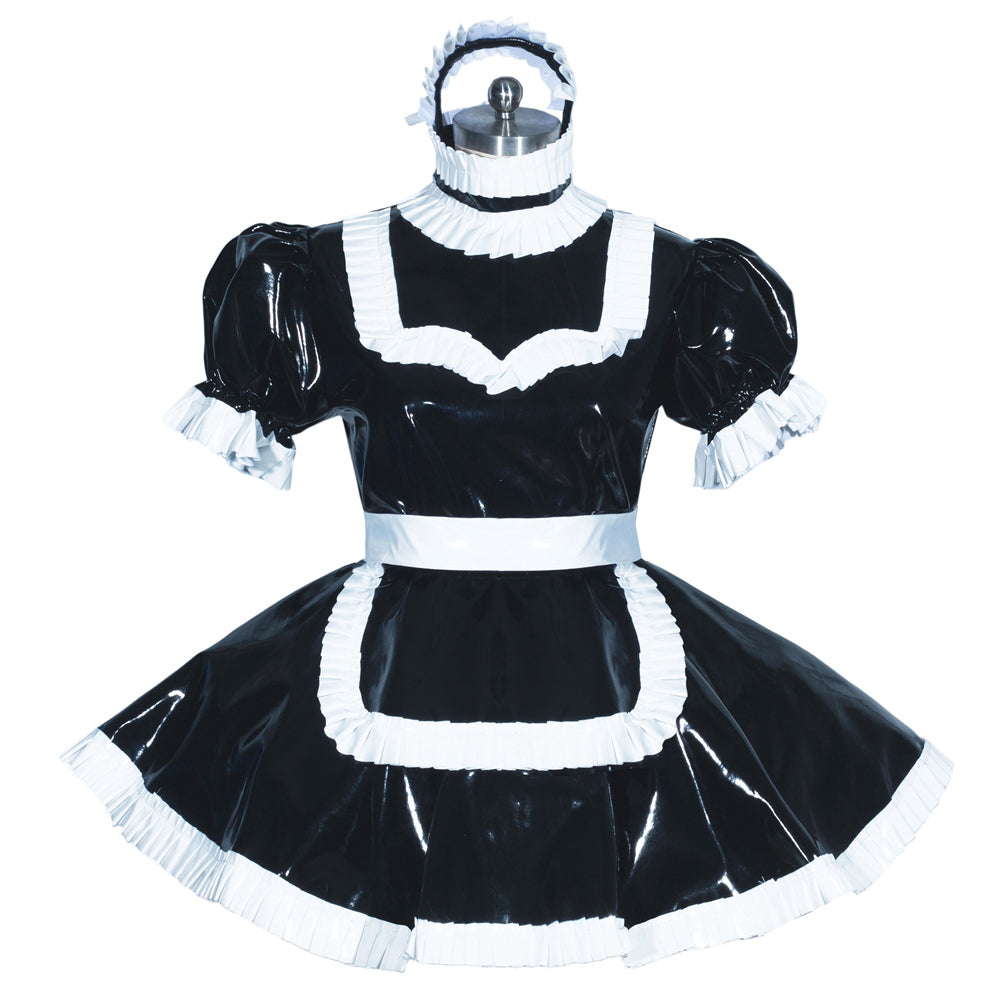 Black PVC sissy maid dress with white ruffles and apron, featuring puffed sleeves and elegant detailing