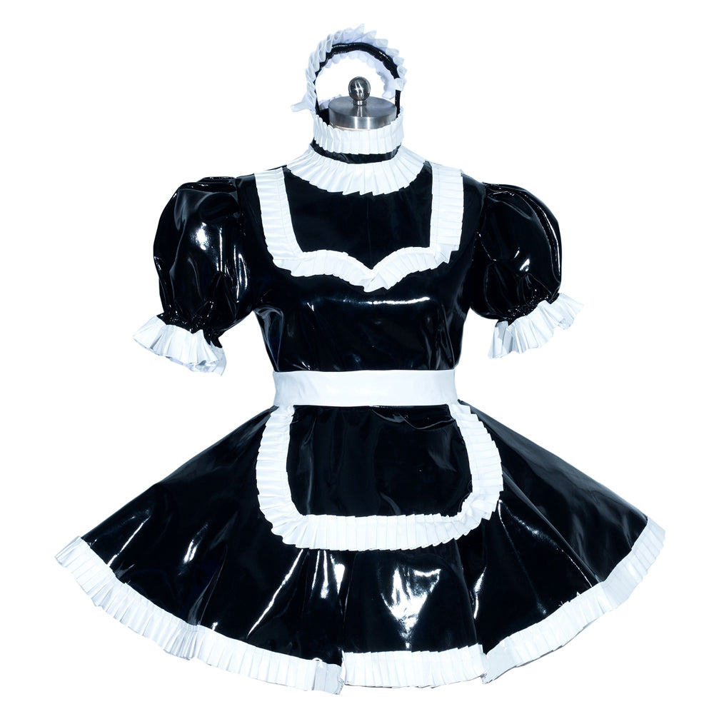 Black PVC sissy maid dress with white ruffles, apron, and matching headpiece on mannequin