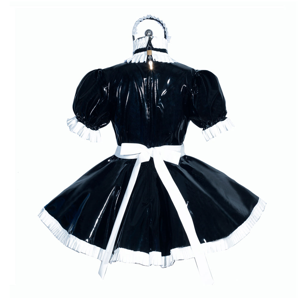 Black PVC sissy maid dress with white ruffles and bow, back view on hanger