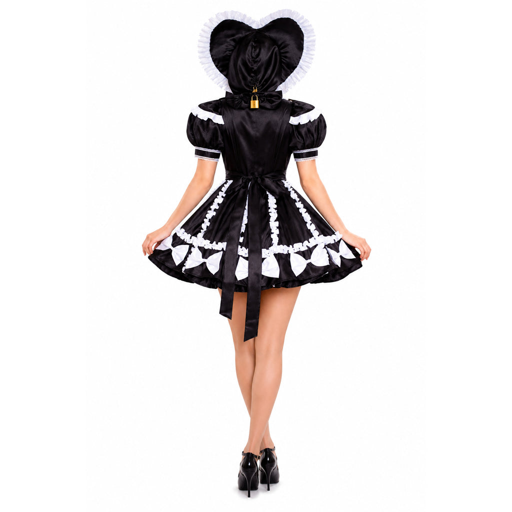 Black sissy maid dress with white ruffles, heart hood, and lock detail, shown from back