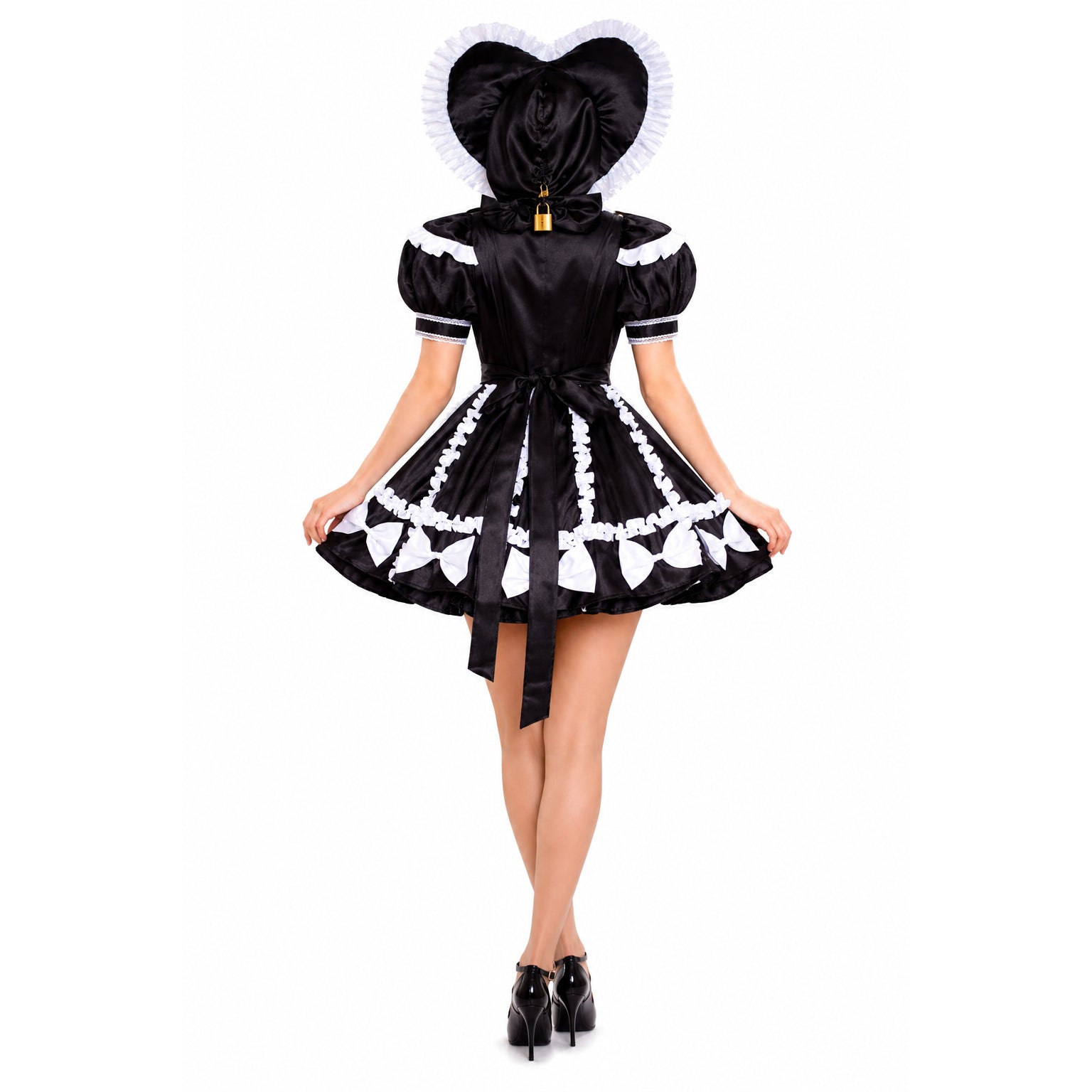 Black sissy maid dress with white ruffles, heart hood, and lock detail, shown from back