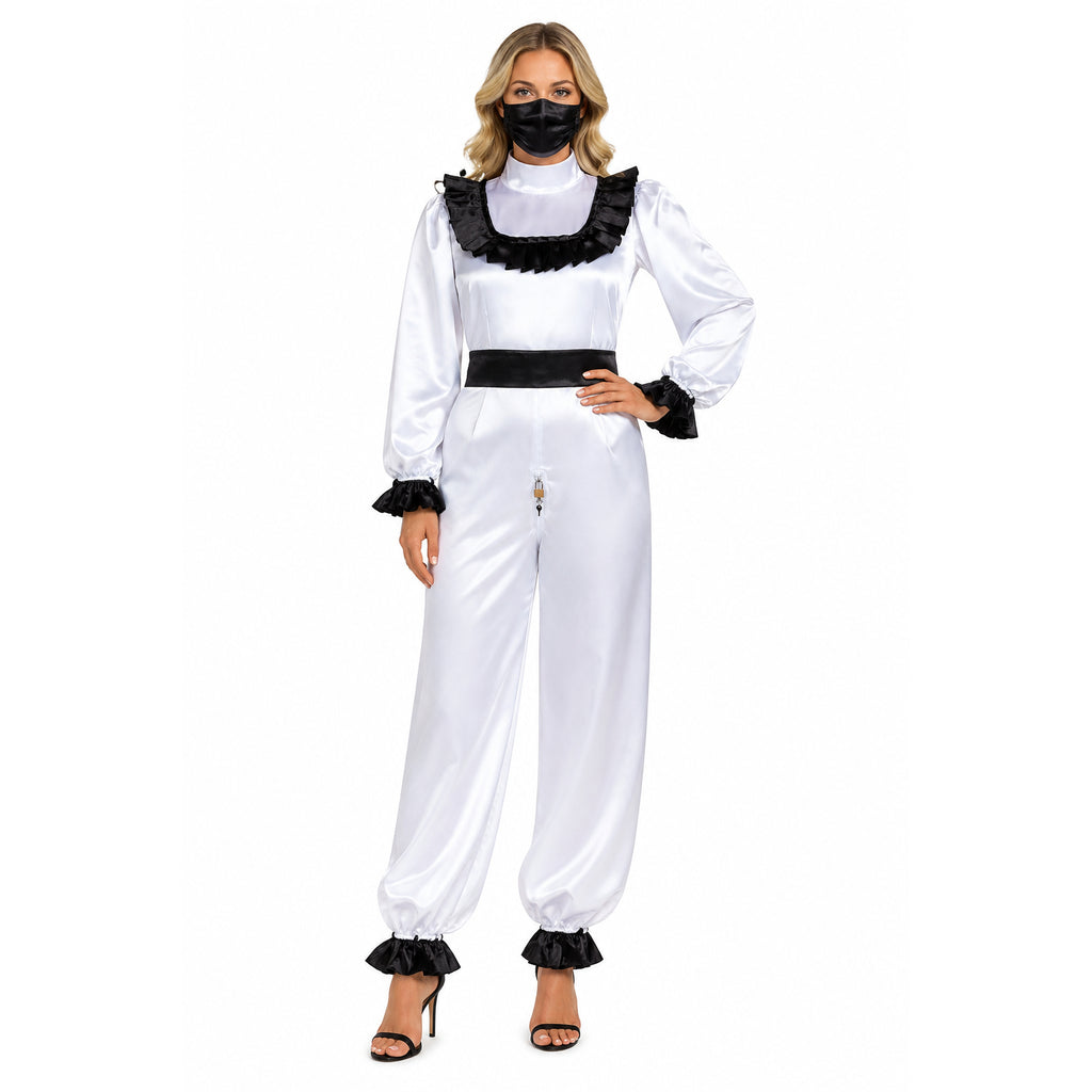 White satin sissy maid jumpsuit with black ruffles, belt, and lock detail