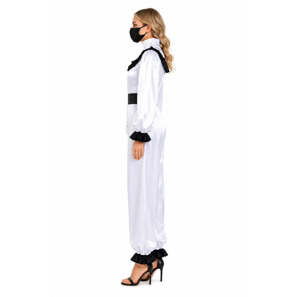White sissy maid dress with black ruffles, high heels, and mask — elegant costume fashion