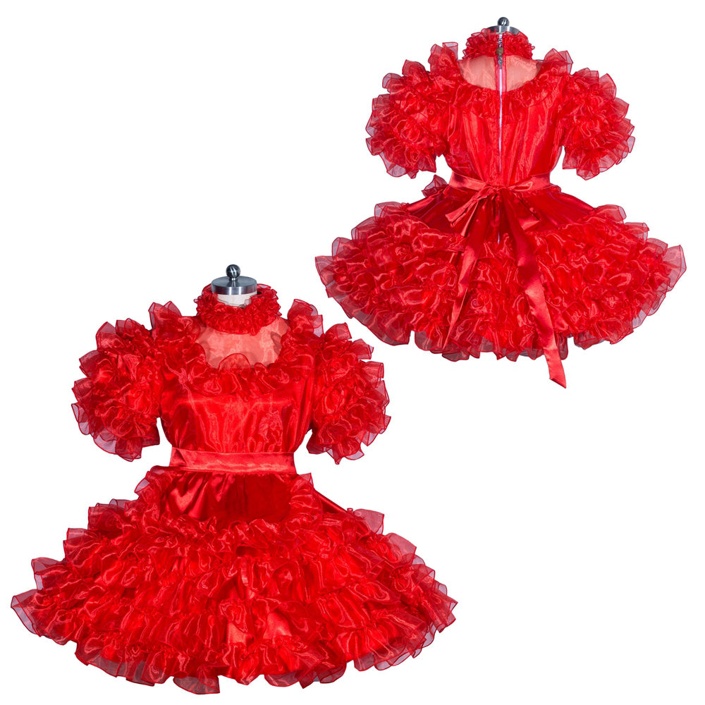 Red sissy maid dress with ruffles, satin belt, and layered tulle skirt on mannequin