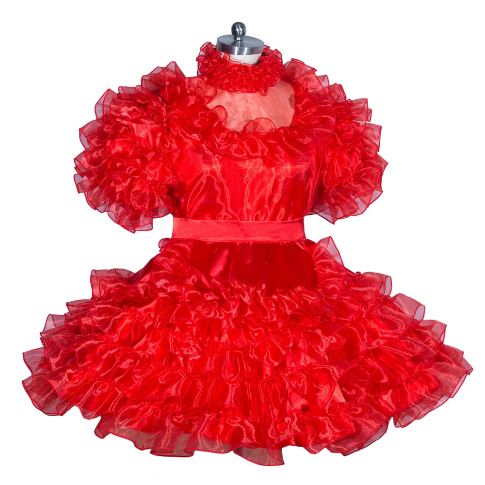 Red ruffled sissy maid dress with layered tulle skirt and puff sleeves on mannequin