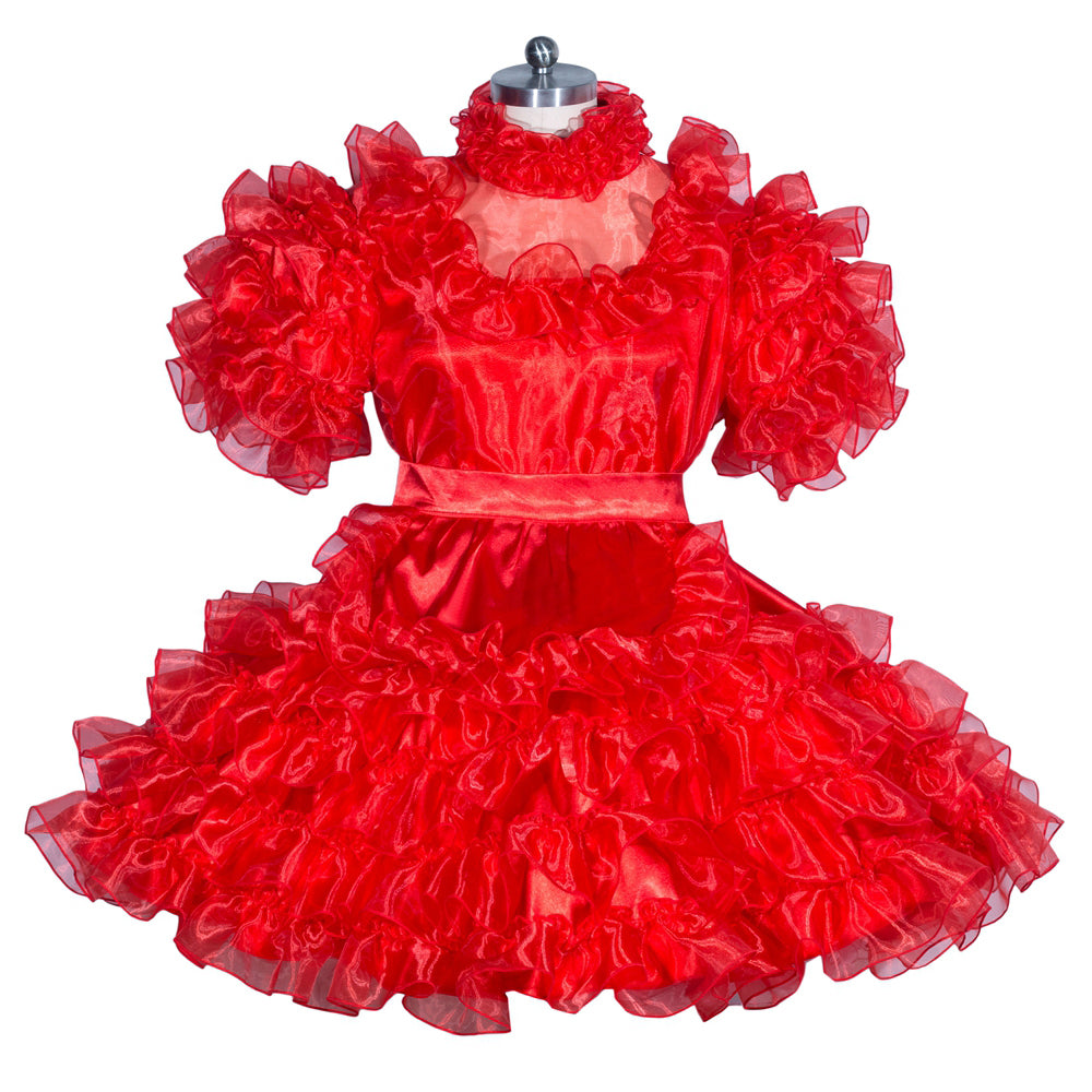 Red sissy maid dress with ruffled sleeves and skirt, displayed on mannequin