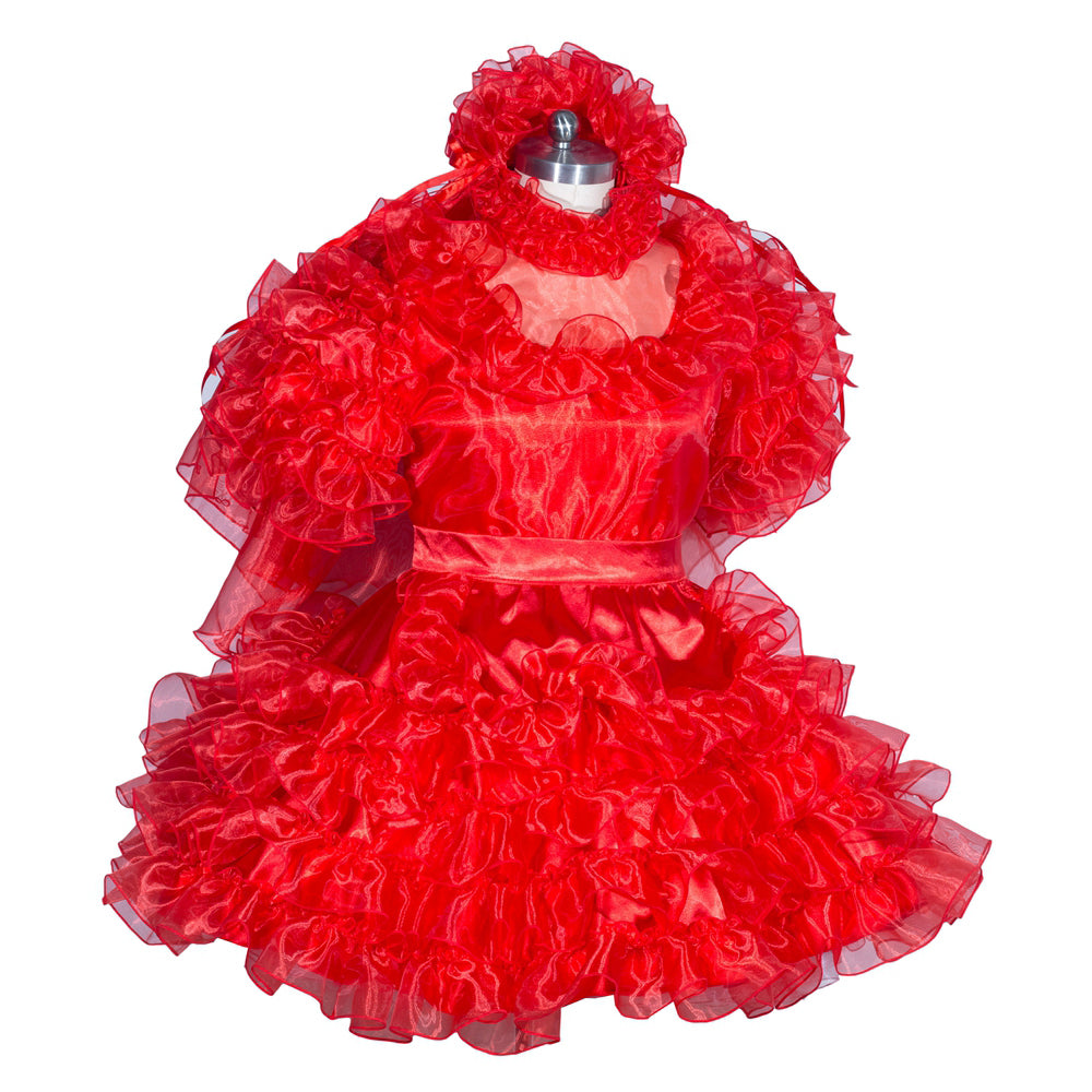 Red sissy maid dress with ruffled layers and satin waistband, displayed on mannequin