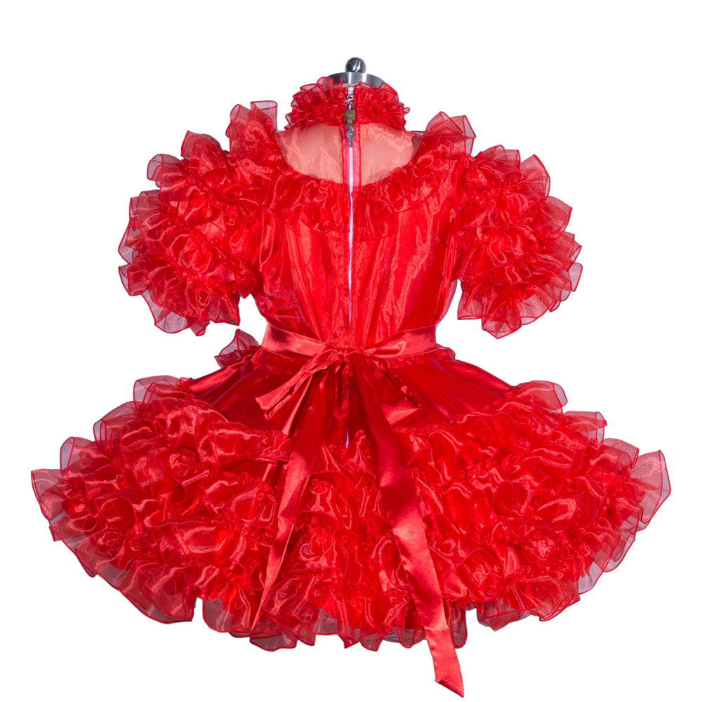 Red sissy maid dress with ruffles and satin bow, French-style costume fashion