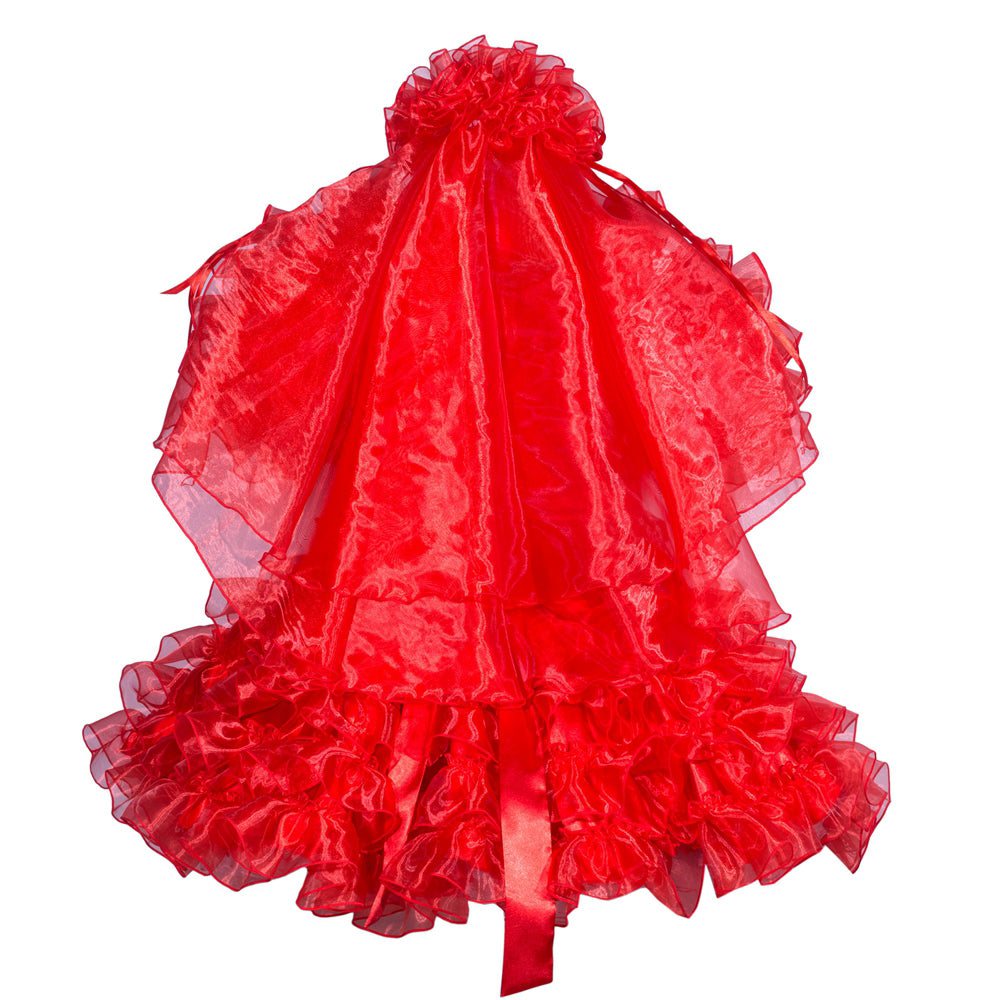 Red sissy maid dress with ruffled layers and satin ribbon, elegant costume fashion