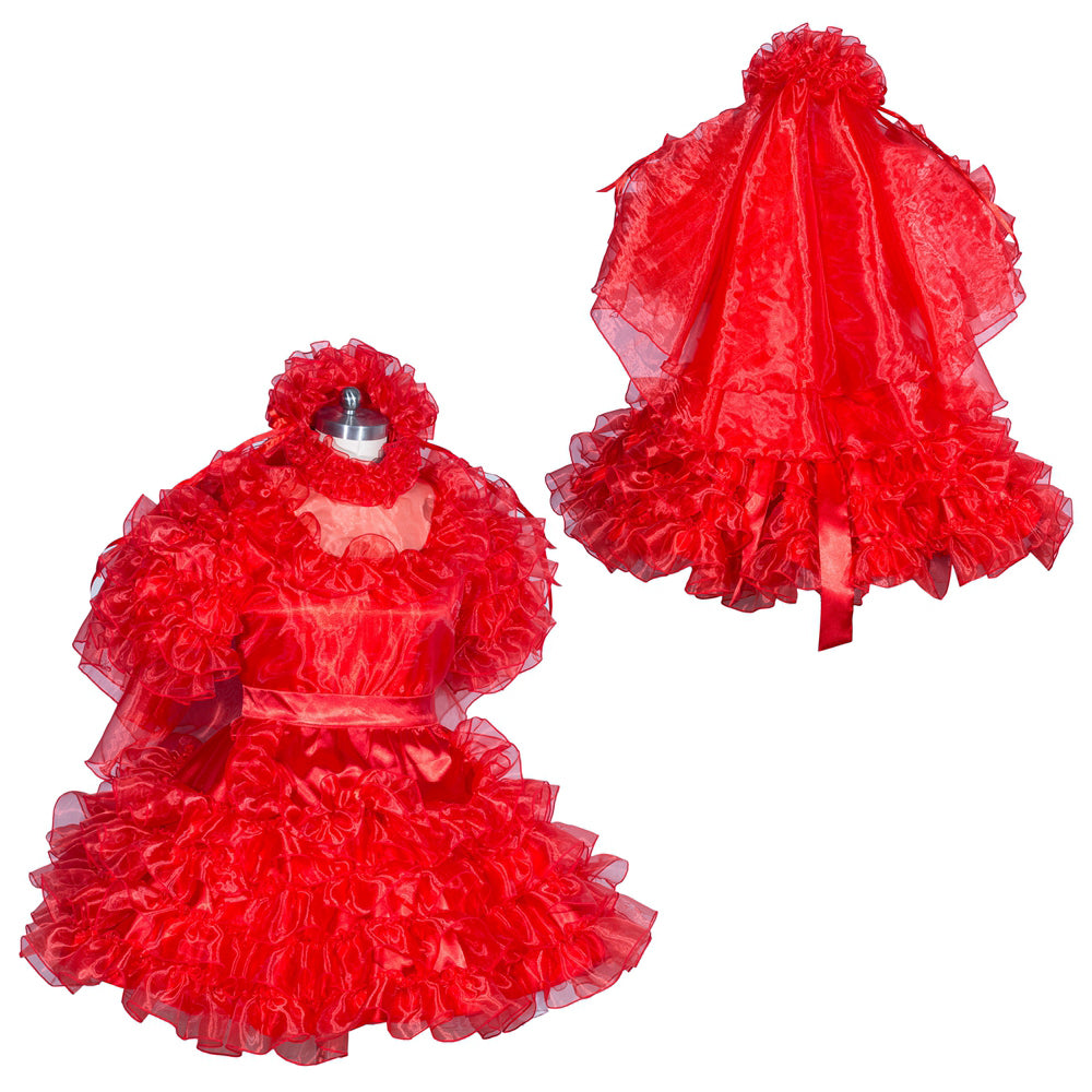 Red sissy maid dress with ruffles and matching bonnet, elegant costume set