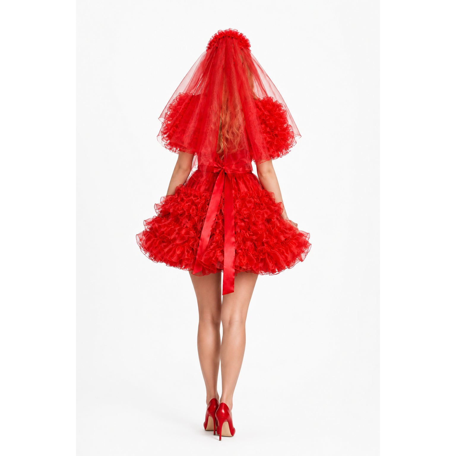 Red ruffled sissy maid dress with veil and bow, back view