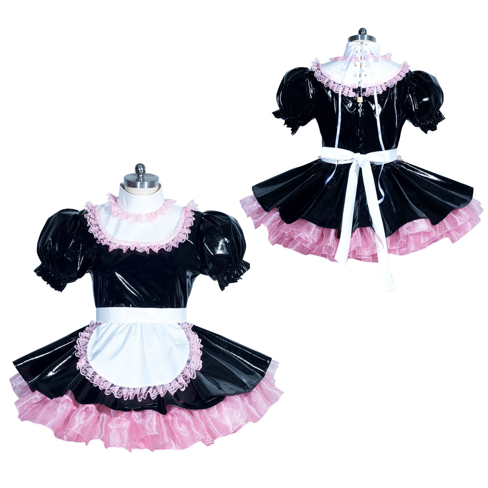 Black PVC sissy maid dress with pink ruffles, white apron, and lace trim on mannequin