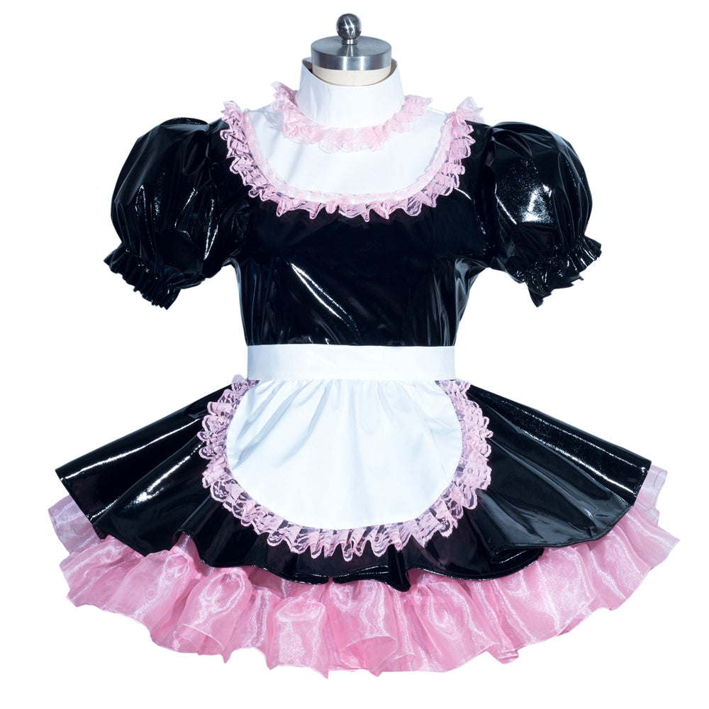 Black PVC sissy maid dress with pink lace trim and white apron, featuring puffed sleeves and ruffled skirt.