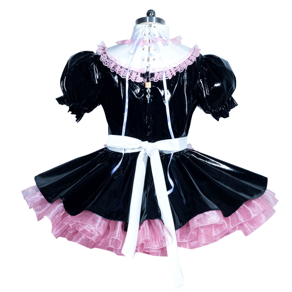 Black PVC sissy maid dress with pink lace trim, white bow, and ruffled hem