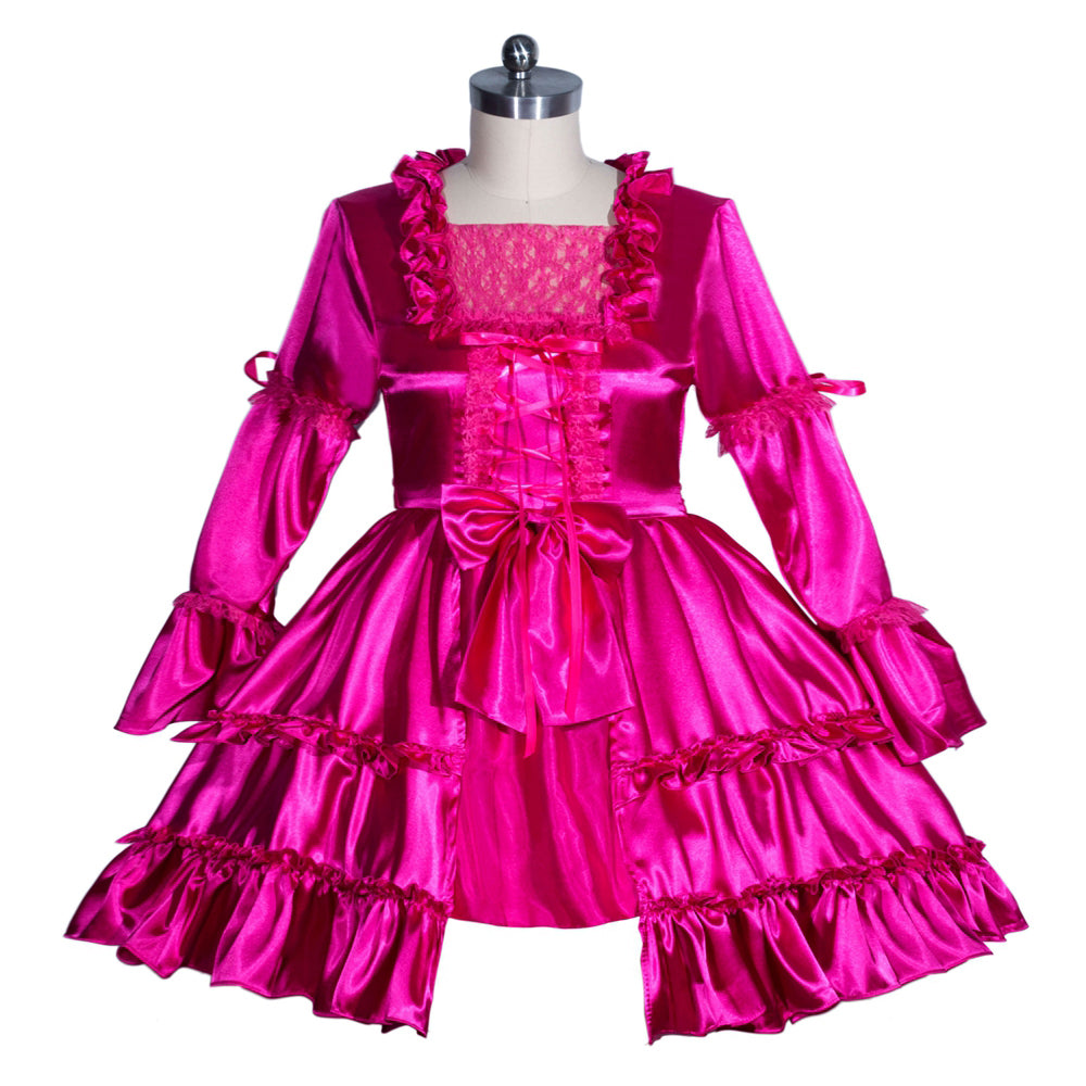 Pink sissy maid dress with ruffles, lace, and bow detail on mannequin