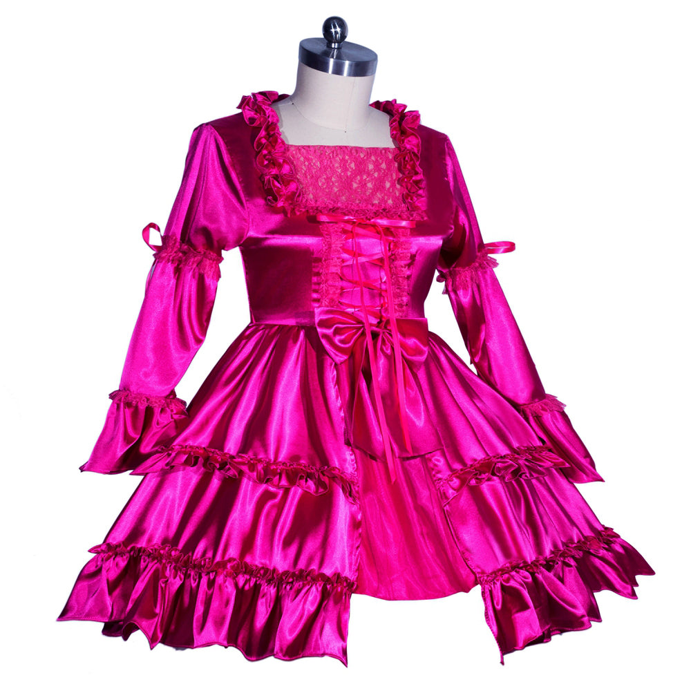 Vibrant pink sissy maid dress with ruffles, lace, and corset detailing on mannequin