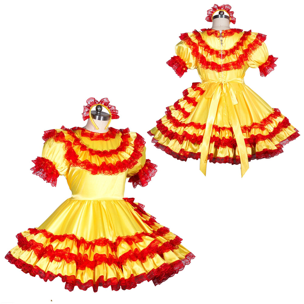 Yellow and red ruffled sissy maid dress with matching headband, featuring layered lace trim and satin finish.