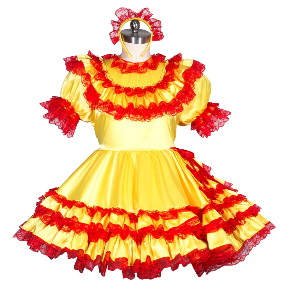 Yellow sissy maid dress with red lace ruffles and matching headband, elegant costume set
