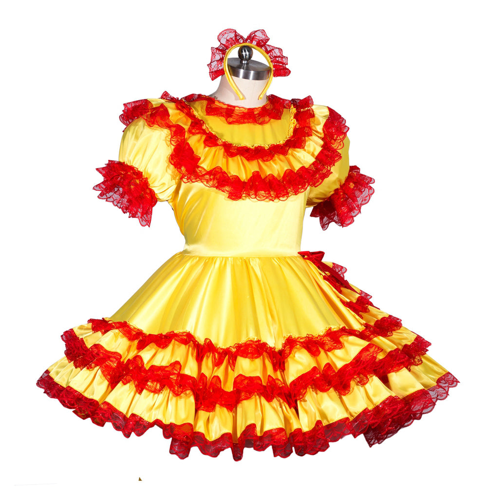 Yellow sissy maid dress with red lace ruffles and matching headband, elegant costume set