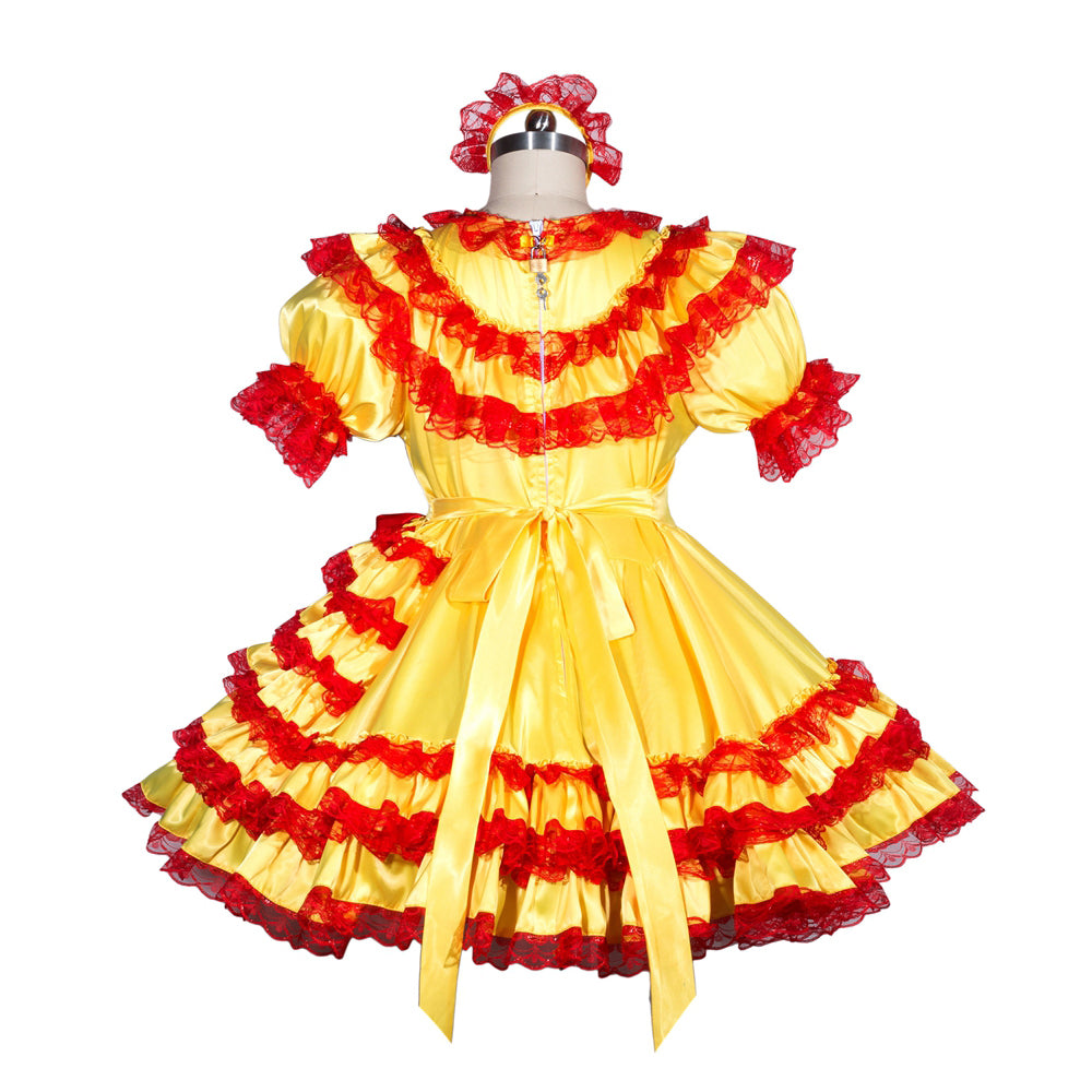 Yellow and red sissy maid dress with ruffles, lace trim, and matching headband on mannequin