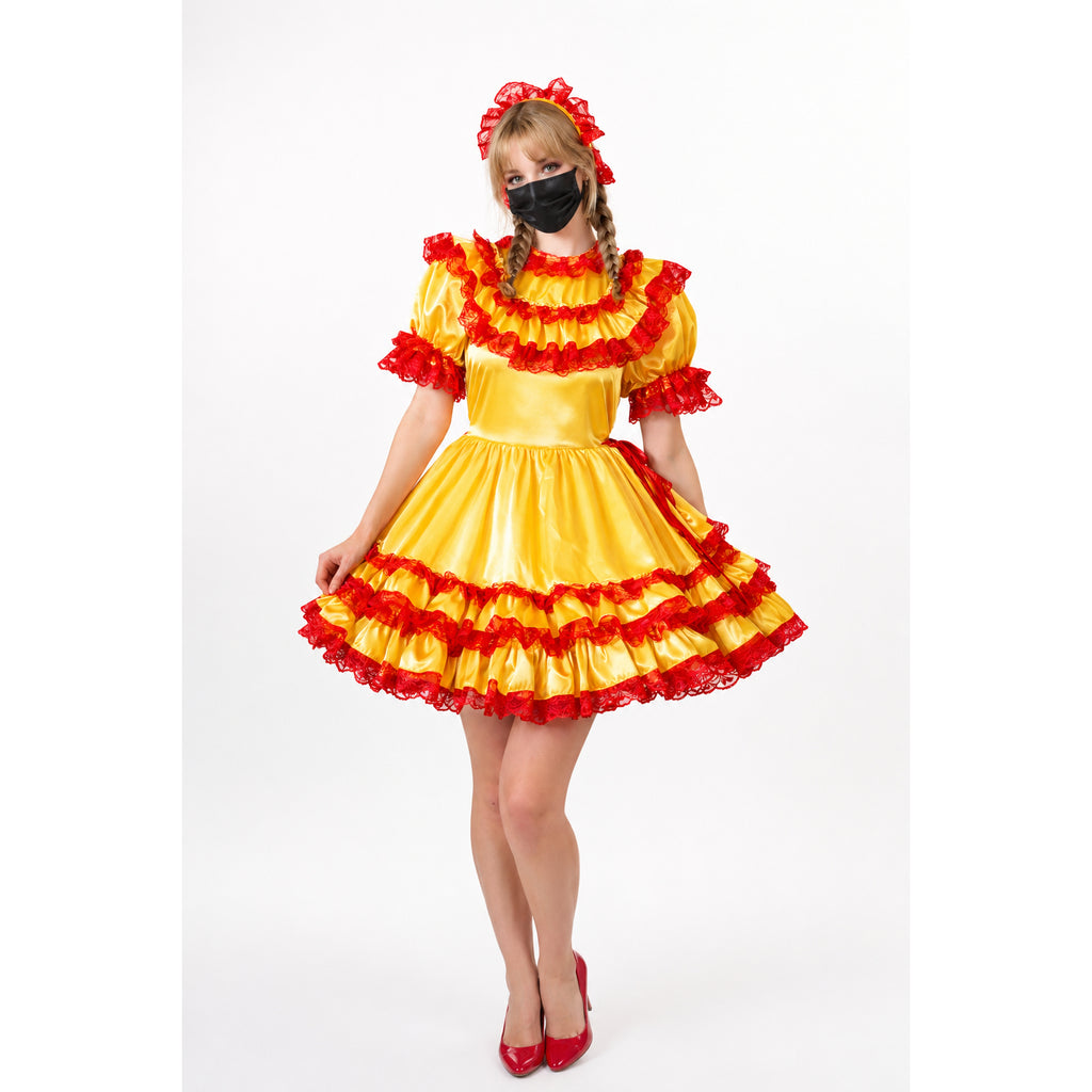 Yellow and red ruffled sissy maid dress with matching headband and heels