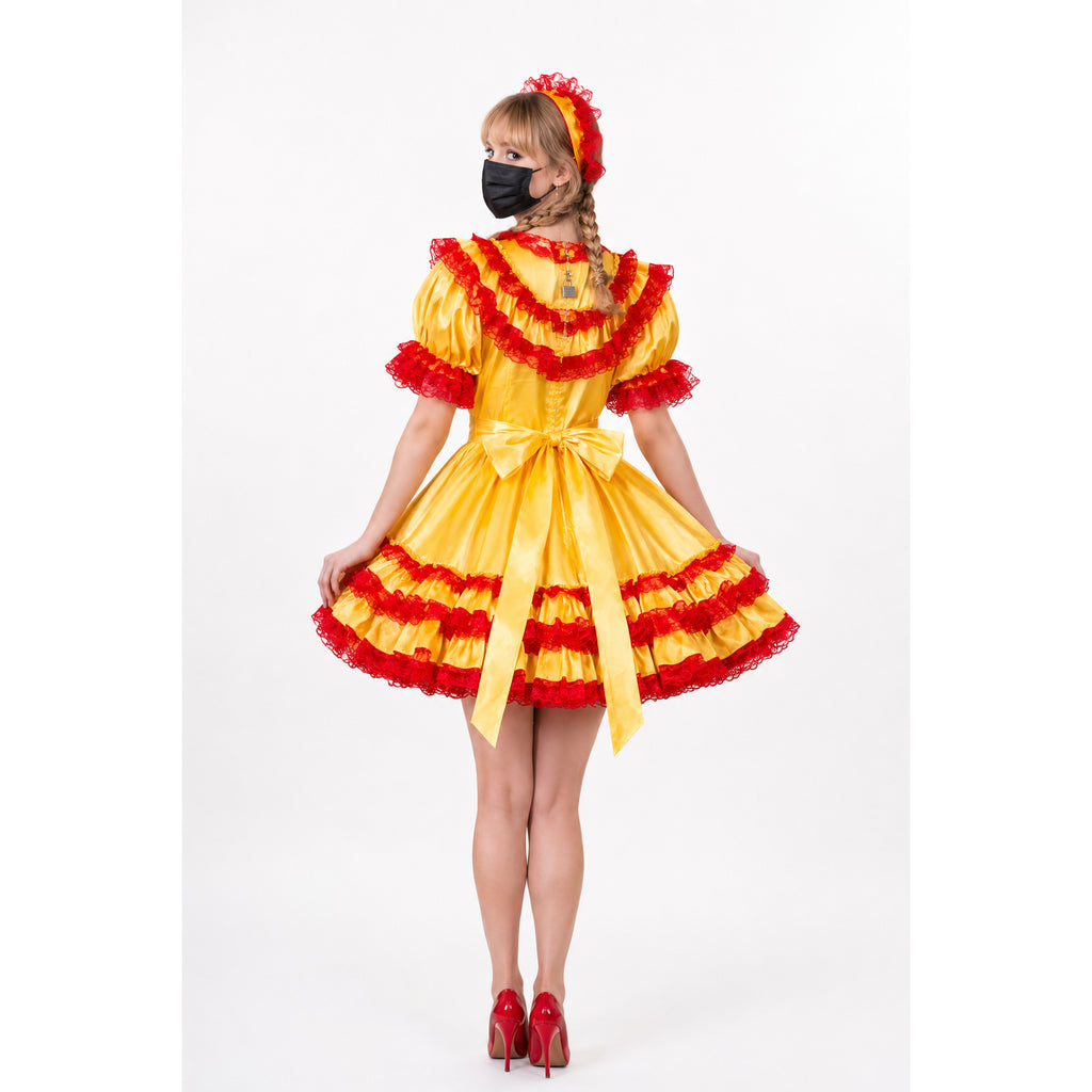 Yellow sissy maid dress with red lace trim, bow waist, and matching headband, styled with red heels.