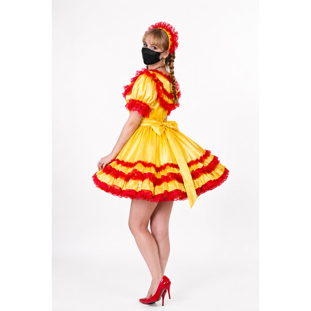 Yellow and red ruffled sissy maid dress with matching headband and heels