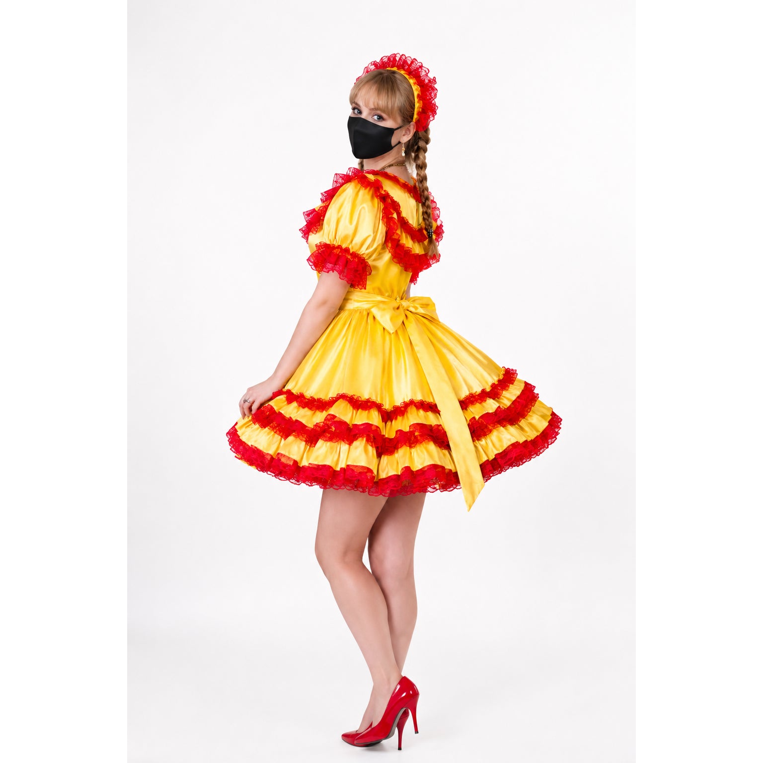 Yellow and red ruffled sissy maid dress with matching headband and heels