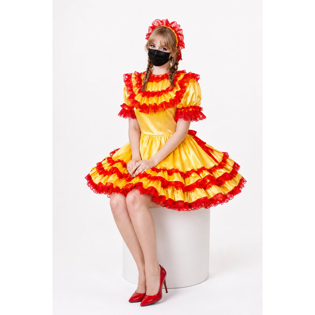 Yellow and red ruffled sissy maid dress with matching headband and heels