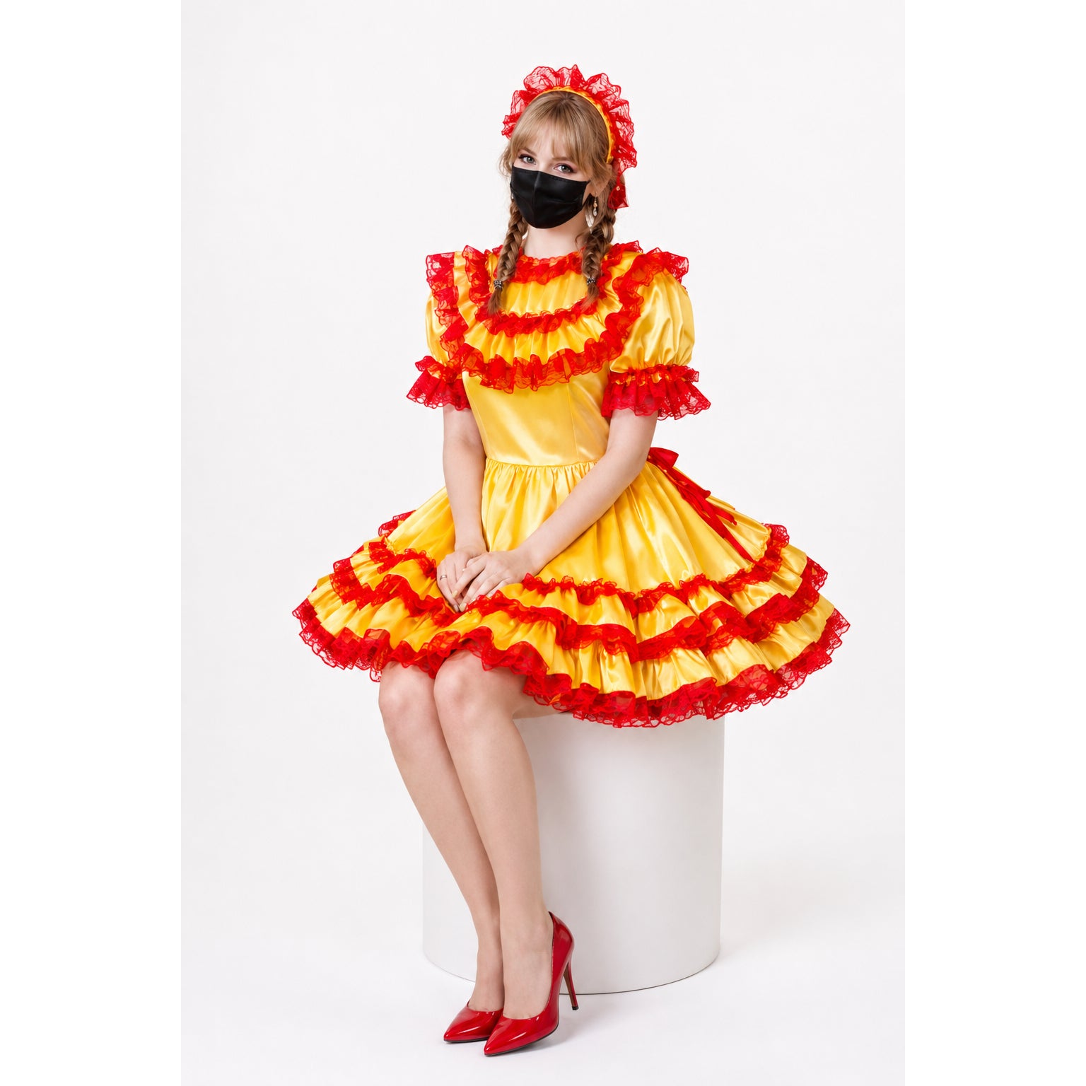 Yellow and red ruffled sissy maid dress with matching headband and heels
