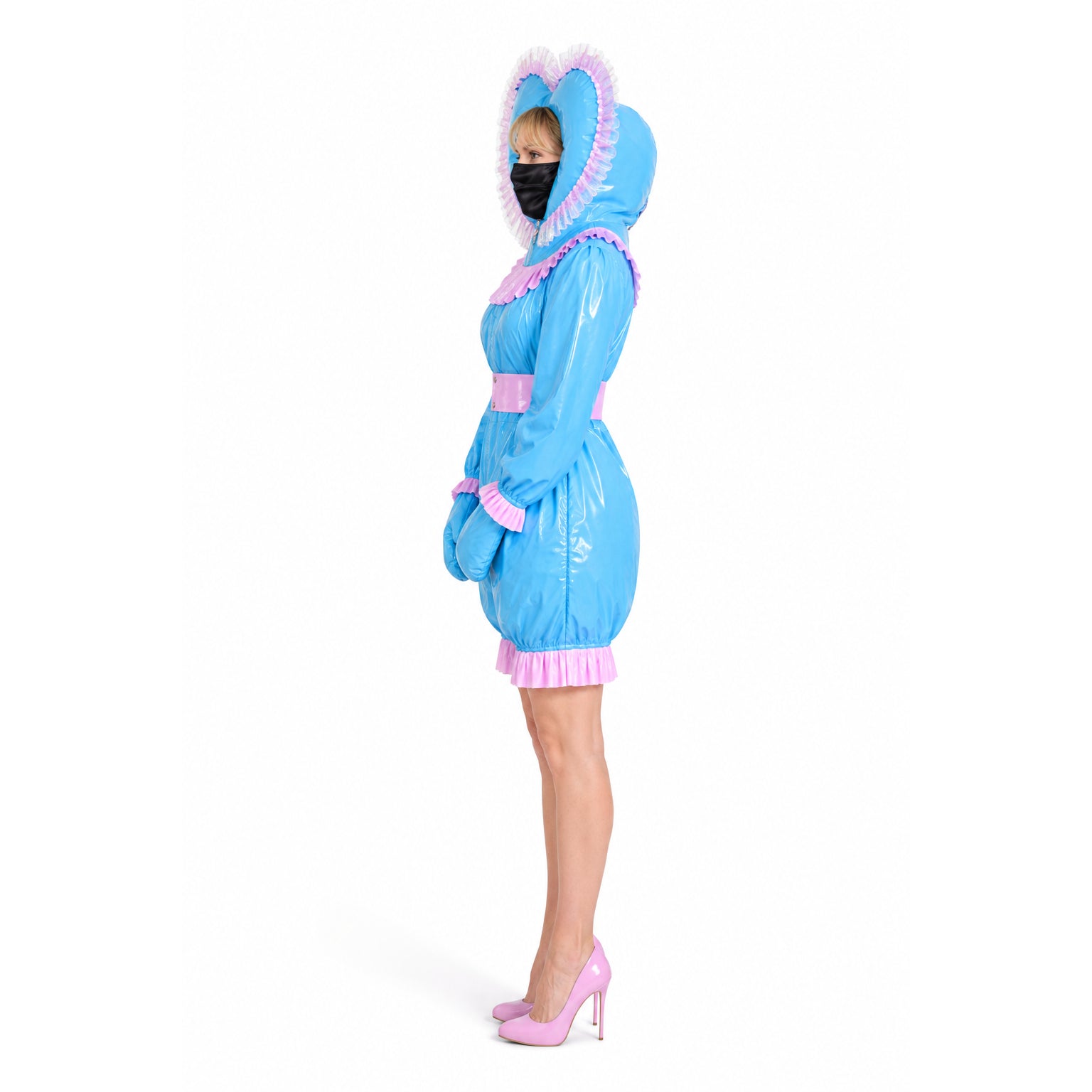Blue PVC sissy maid dress with pink ruffles, hood, and high heels