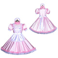 Pink sissy maid dress with lace trim, puffed sleeves, and satin finish for costume fashion