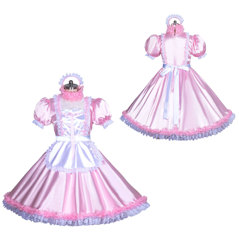 Pink sissy maid dress with lace trim, puffed sleeves, and satin finish for costume fashion