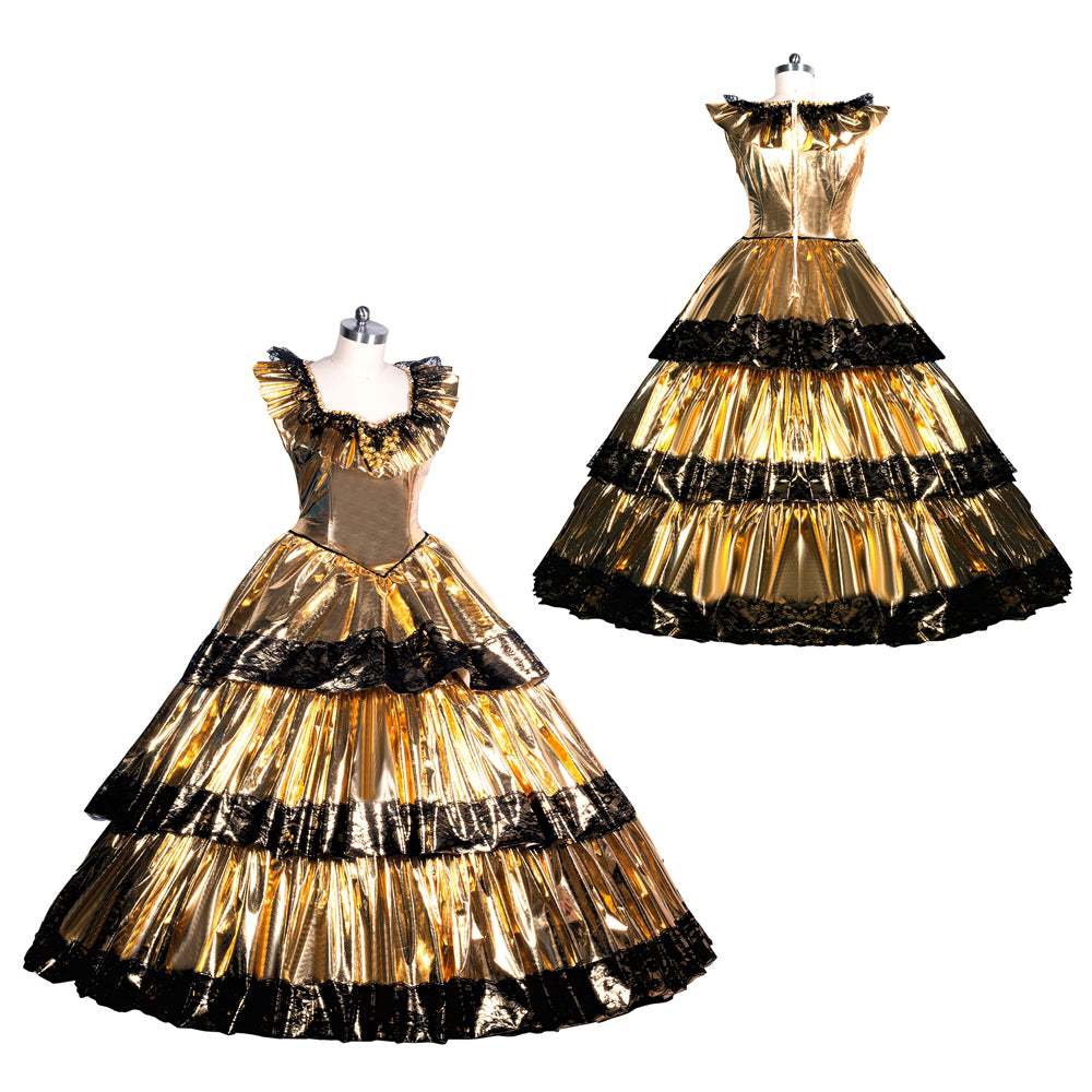 Golden sissy maid dress with black lace trim, featuring tiered skirt and off-shoulder design