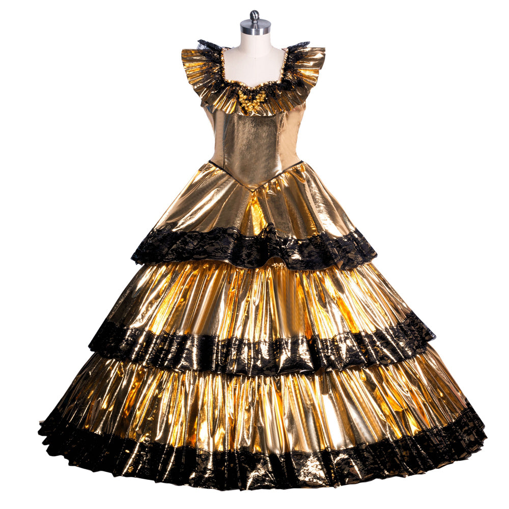 Golden sissy maid dress with black lace trim, tiered skirt, and ruffled neckline on mannequin