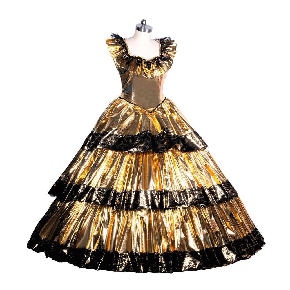 Golden sissy maid dress with black lace trim, tiered skirt, and ruffled neckline on mannequin