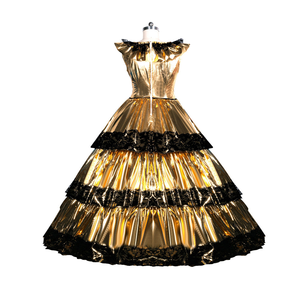 Golden sissy maid dress with black lace trim, elegant tiered skirt, and off-shoulder design