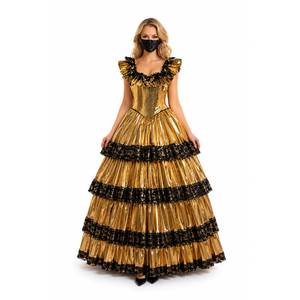 Gold sissy maid dress with black lace trim, featuring ruffled neckline and tiered skirt for elegant costume fashion.